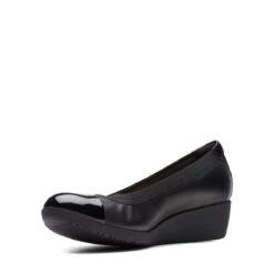 Clarks Elin Palm Black Leather Wedge Heel