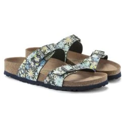 Birkenstock Sydney Vegan Birko-Flor Summer Floral Blue Double Strap Slide Sandal -Walking On A Cloud birsydneyveg003d