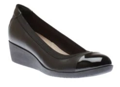 Clarks Elin Palm Black Leather Wedge Heel -Walking On A Cloud claelinp01
