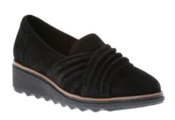 Clarks Sharon Villa Black Suede Wedge Loafer -Walking On A Cloud clasharonv21