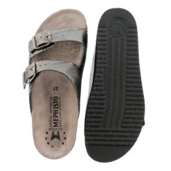 Mephisto Harmony Metallic Grey Leather Crinkle Slide Sandal -Walking On A Cloud mepharmony05e