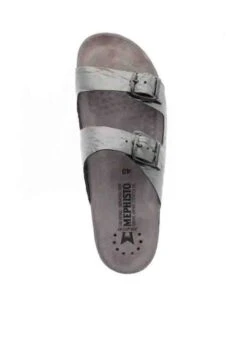 Mephisto Harmony Metallic Grey Leather Crinkle Slide Sandal -Walking On A Cloud mepharmony05f