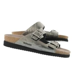 Mephisto Harmony Metallic Grey Leather Crinkle Slide Sandal -Walking On A Cloud mepharmony05g