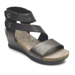 Rockport Shona Black Metallic Leather Asymmetrical Cuff Wedge Sandal